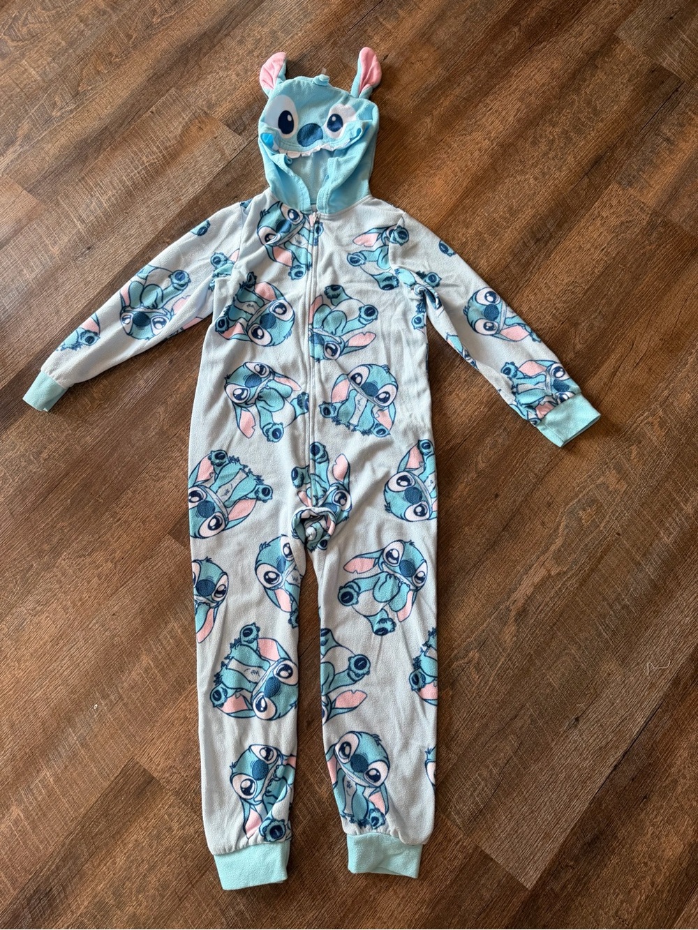 Disney Stitch Girls Fleece Hooded One Piece Pajamas Size 8